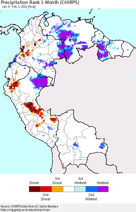 Northern South America Precipitation Rank 1-Month (CHIRPS) Thematic Map For 1/6/2021 - 2/5/2021