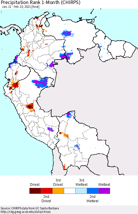 Northern South America Precipitation Rank 1-Month (CHIRPS) Thematic Map For 1/11/2021 - 2/10/2021