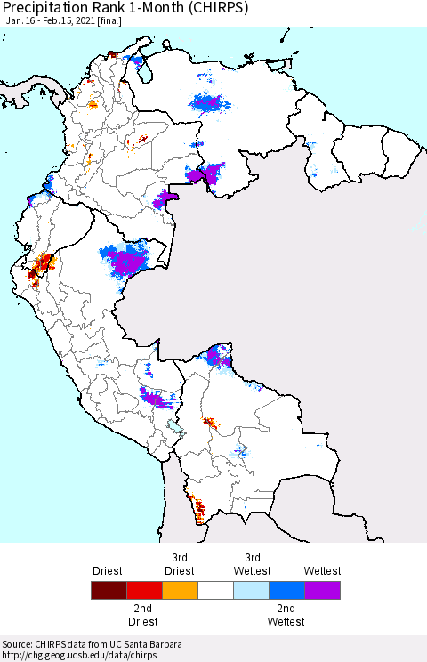 Northern South America Precipitation Rank since 1981, 1-Month (CHIRPS) Thematic Map For 1/16/2021 - 2/15/2021