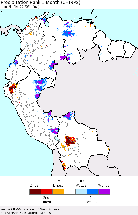 Northern South America Precipitation Rank since 1981, 1-Month (CHIRPS) Thematic Map For 1/21/2021 - 2/20/2021