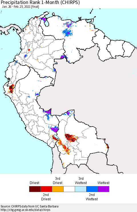 Northern South America Precipitation Rank since 1981, 1-Month (CHIRPS) Thematic Map For 1/26/2021 - 2/25/2021