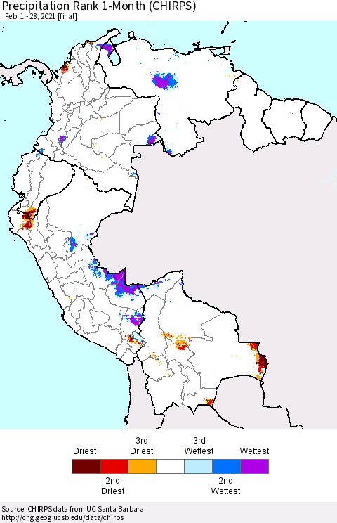 Northern South America Precipitation Rank 1-Month (CHIRPS) Thematic Map For 2/1/2021 - 2/28/2021
