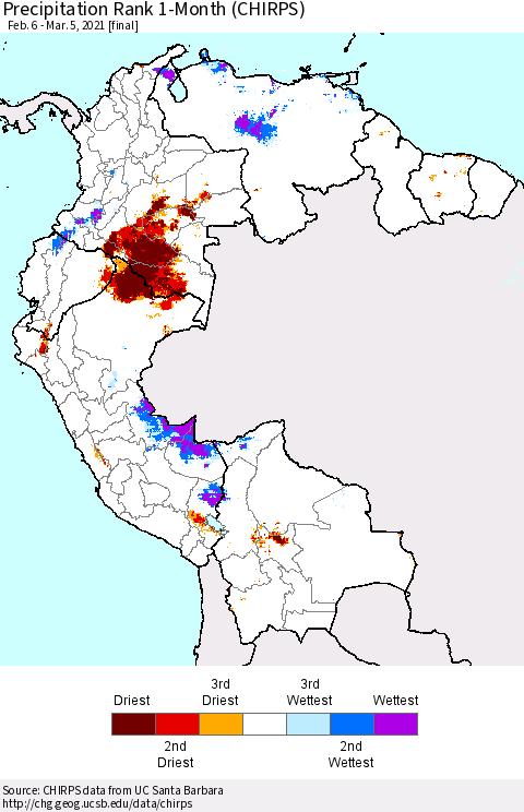 Northern South America Precipitation Rank 1-Month (CHIRPS) Thematic Map For 2/6/2021 - 3/5/2021