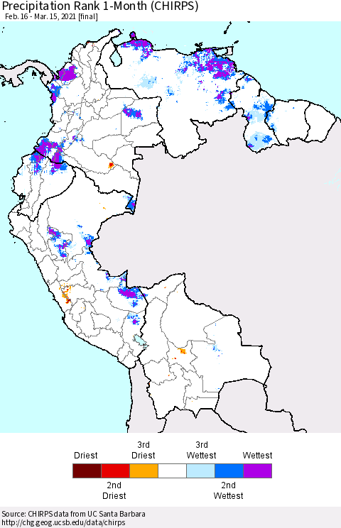 Northern South America Precipitation Rank 1-Month (CHIRPS) Thematic Map For 2/16/2021 - 3/15/2021