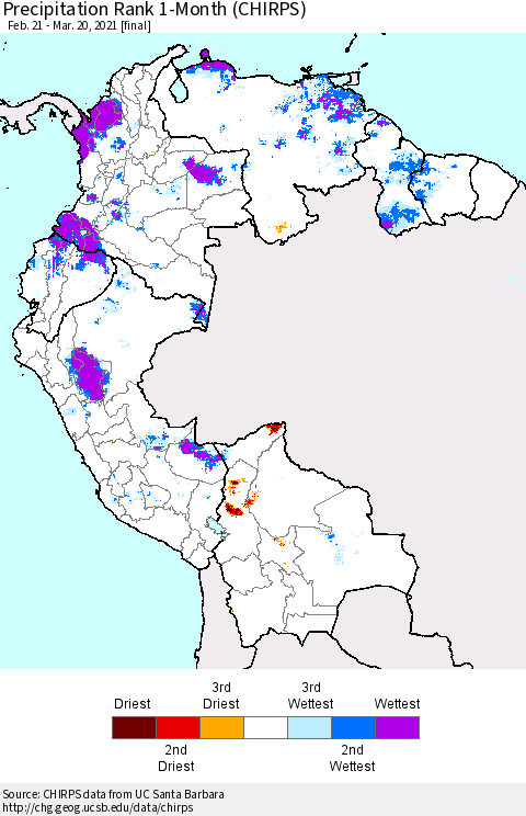 Northern South America Precipitation Rank 1-Month (CHIRPS) Thematic Map For 2/21/2021 - 3/20/2021