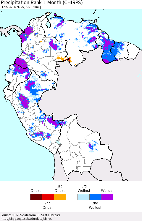 Northern South America Precipitation Rank 1-Month (CHIRPS) Thematic Map For 2/26/2021 - 3/25/2021