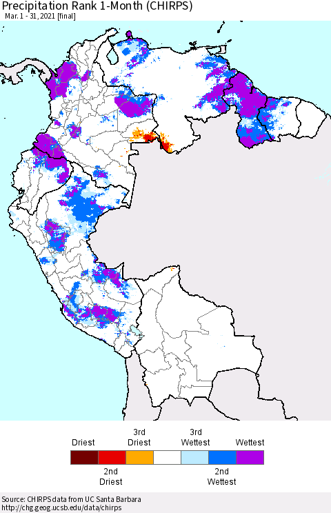 Northern South America Precipitation Rank since 1981, 1-Month (CHIRPS) Thematic Map For 3/1/2021 - 3/31/2021