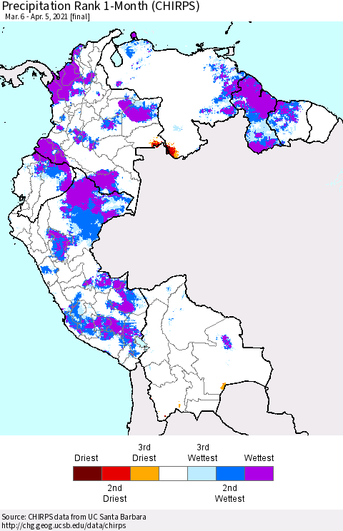 Northern South America Precipitation Rank since 1981, 1-Month (CHIRPS) Thematic Map For 3/6/2021 - 4/5/2021