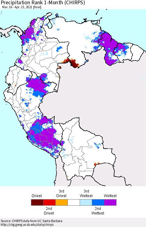 Northern South America Precipitation Rank 1-Month (CHIRPS) Thematic Map For 3/16/2021 - 4/15/2021
