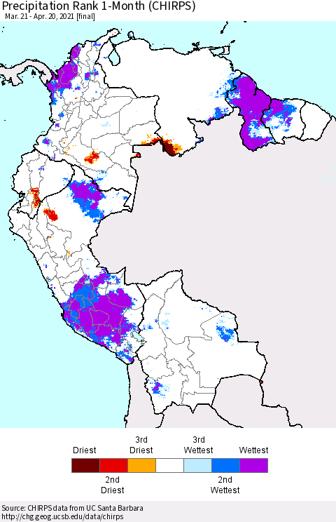 Northern South America Precipitation Rank 1-Month (CHIRPS) Thematic Map For 3/21/2021 - 4/20/2021
