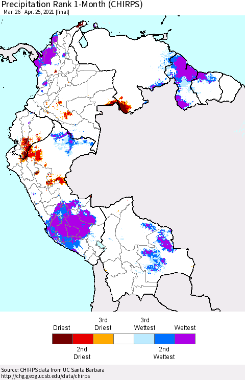 Northern South America Precipitation Rank since 1981, 1-Month (CHIRPS) Thematic Map For 3/26/2021 - 4/25/2021