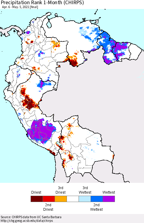 Northern South America Precipitation Rank since 1981, 1-Month (CHIRPS) Thematic Map For 4/6/2021 - 5/5/2021