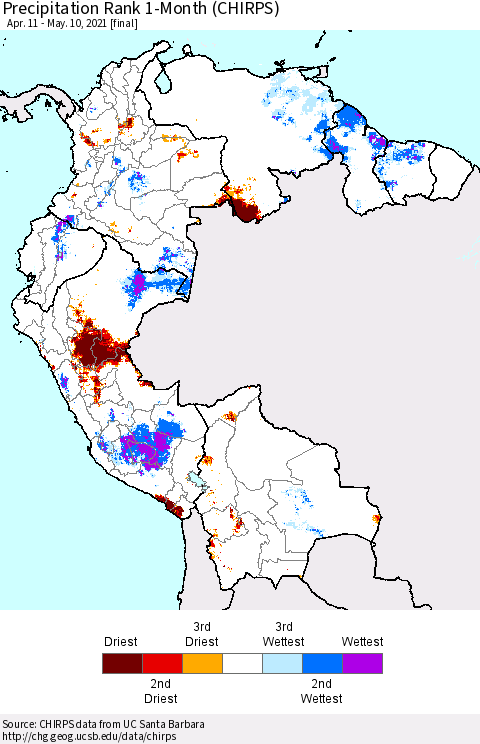 Northern South America Precipitation Rank 1-Month (CHIRPS) Thematic Map For 4/11/2021 - 5/10/2021