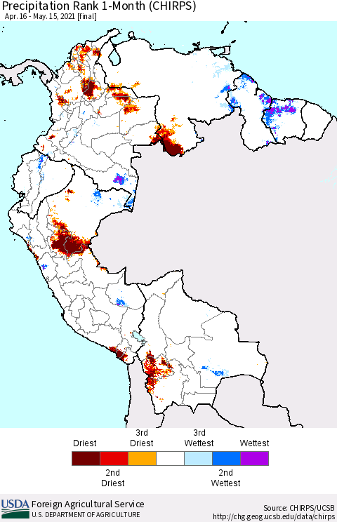 Northern South America Precipitation Rank 1-Month (CHIRPS) Thematic Map For 4/16/2021 - 5/15/2021