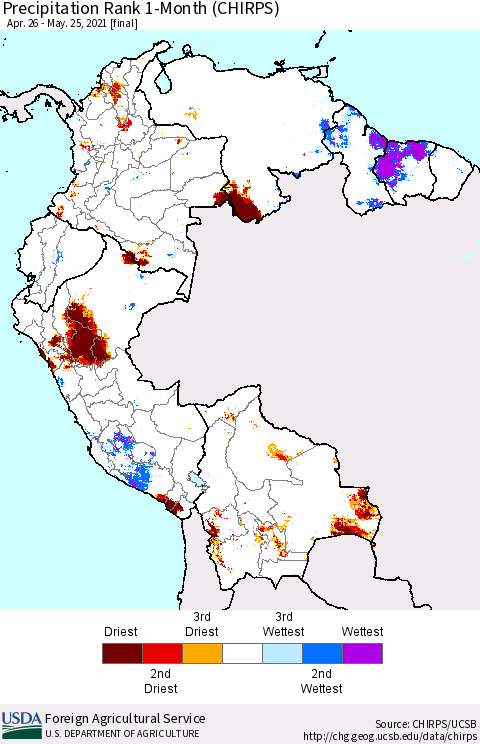Northern South America Precipitation Rank 1-Month (CHIRPS) Thematic Map For 4/26/2021 - 5/25/2021