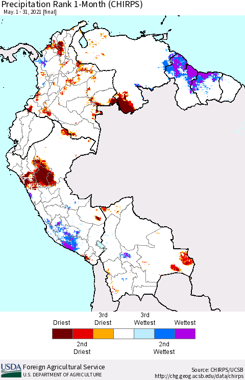 Northern South America Precipitation Rank 1-Month (CHIRPS) Thematic Map For 5/1/2021 - 5/31/2021