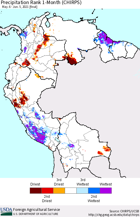 Northern South America Precipitation Rank 1-Month (CHIRPS) Thematic Map For 5/6/2021 - 6/5/2021