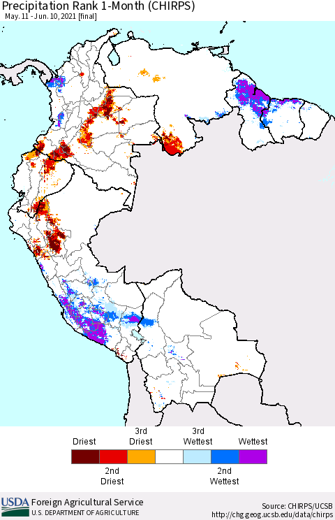 Northern South America Precipitation Rank since 1981, 1-Month (CHIRPS) Thematic Map For 5/11/2021 - 6/10/2021