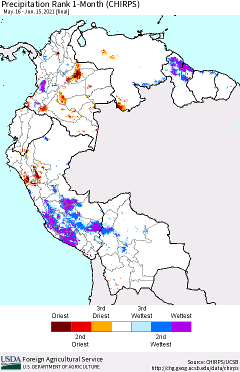 Northern South America Precipitation Rank 1-Month (CHIRPS) Thematic Map For 5/16/2021 - 6/15/2021