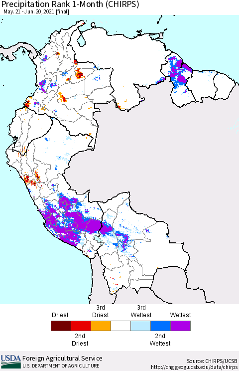 Northern South America Precipitation Rank 1-Month (CHIRPS) Thematic Map For 5/21/2021 - 6/20/2021