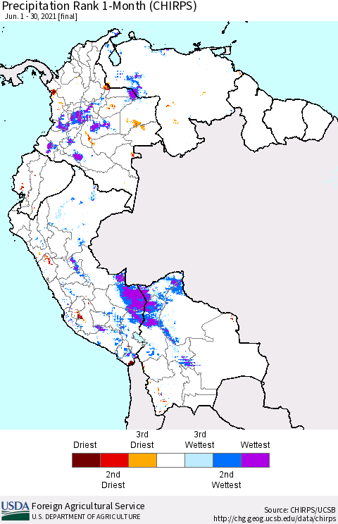 Northern South America Precipitation Rank 1-Month (CHIRPS) Thematic Map For 6/1/2021 - 6/30/2021