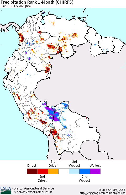 Northern South America Precipitation Rank since 1981, 1-Month (CHIRPS) Thematic Map For 6/6/2021 - 7/5/2021