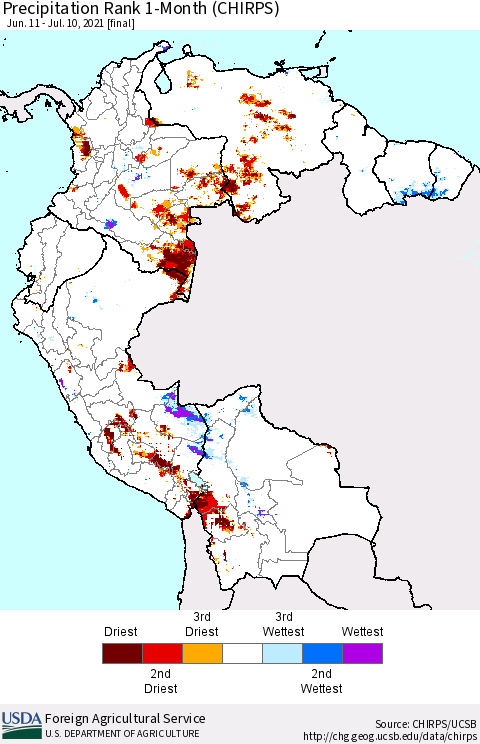 Northern South America Precipitation Rank 1-Month (CHIRPS) Thematic Map For 6/11/2021 - 7/10/2021