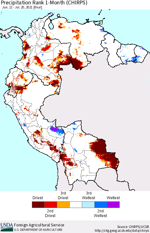 Northern South America Precipitation Rank since 1981, 1-Month (CHIRPS) Thematic Map For 6/21/2021 - 7/20/2021