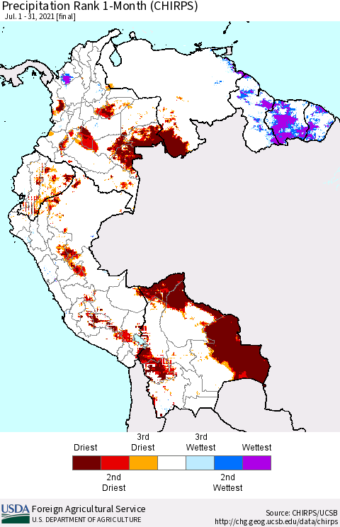 Northern South America Precipitation Rank since 1981, 1-Month (CHIRPS) Thematic Map For 7/1/2021 - 7/31/2021