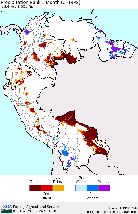 Northern South America Precipitation Rank 1-Month (CHIRPS) Thematic Map For 7/6/2021 - 8/5/2021