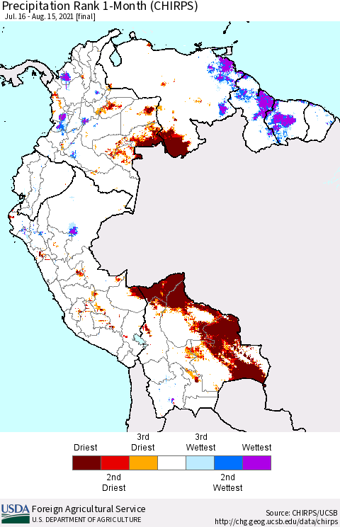 Northern South America Precipitation Rank 1-Month (CHIRPS) Thematic Map For 7/16/2021 - 8/15/2021