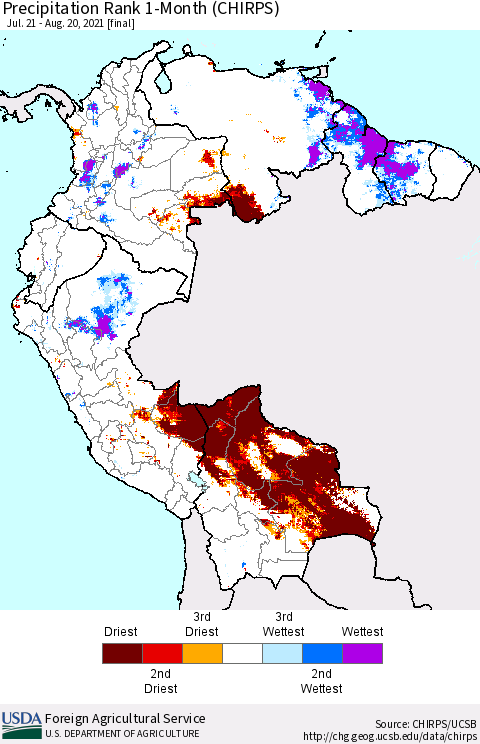 Northern South America Precipitation Rank 1-Month (CHIRPS) Thematic Map For 7/21/2021 - 8/20/2021