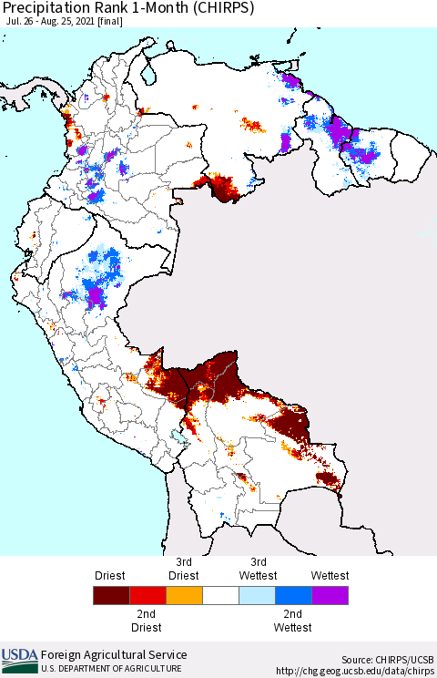 Northern South America Precipitation Rank since 1981, 1-Month (CHIRPS) Thematic Map For 7/26/2021 - 8/25/2021