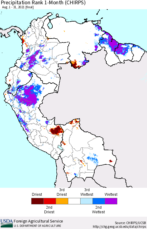 Northern South America Precipitation Rank 1-Month (CHIRPS) Thematic Map For 8/1/2021 - 8/31/2021