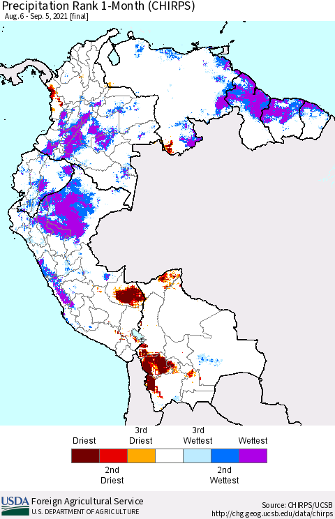 Northern South America Precipitation Rank 1-Month (CHIRPS) Thematic Map For 8/6/2021 - 9/5/2021