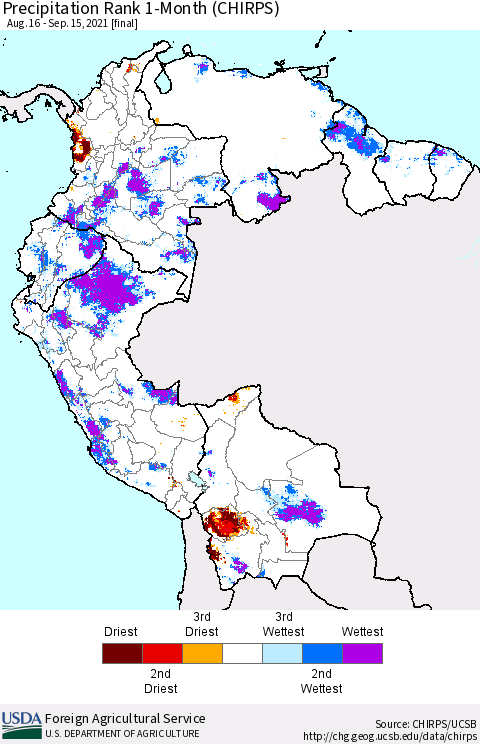 Northern South America Precipitation Rank 1-Month (CHIRPS) Thematic Map For 8/16/2021 - 9/15/2021
