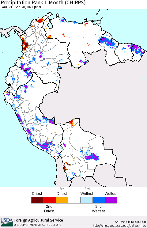 Northern South America Precipitation Rank since 1981, 1-Month (CHIRPS) Thematic Map For 8/21/2021 - 9/20/2021