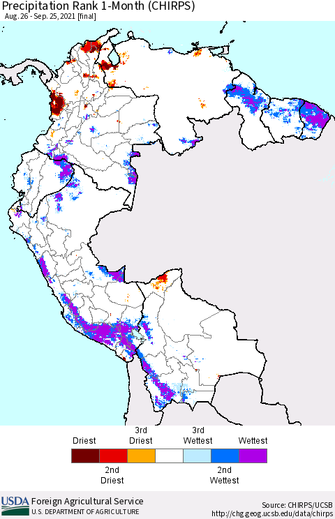 Northern South America Precipitation Rank 1-Month (CHIRPS) Thematic Map For 8/26/2021 - 9/25/2021