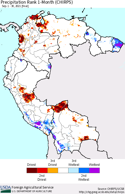 Northern South America Precipitation Rank 1-Month (CHIRPS) Thematic Map For 9/1/2021 - 9/30/2021
