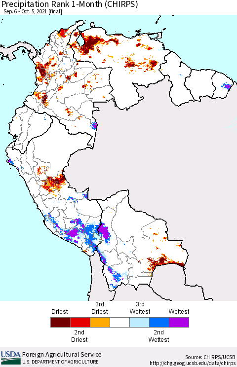 Northern South America Precipitation Rank since 1981, 1-Month (CHIRPS) Thematic Map For 9/6/2021 - 10/5/2021