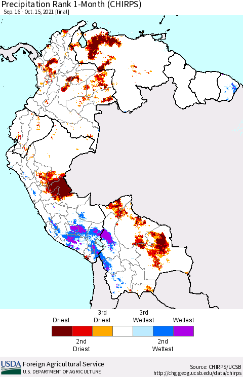 Northern South America Precipitation Rank 1-Month (CHIRPS) Thematic Map For 9/16/2021 - 10/15/2021