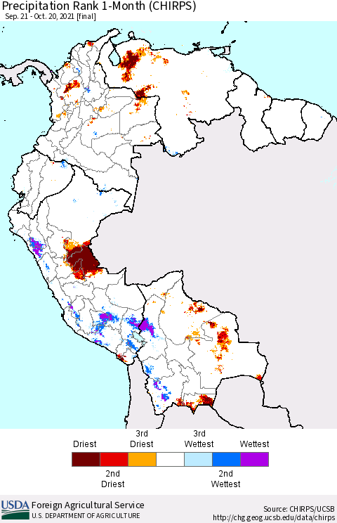 Northern South America Precipitation Rank since 1981, 1-Month (CHIRPS) Thematic Map For 9/21/2021 - 10/20/2021