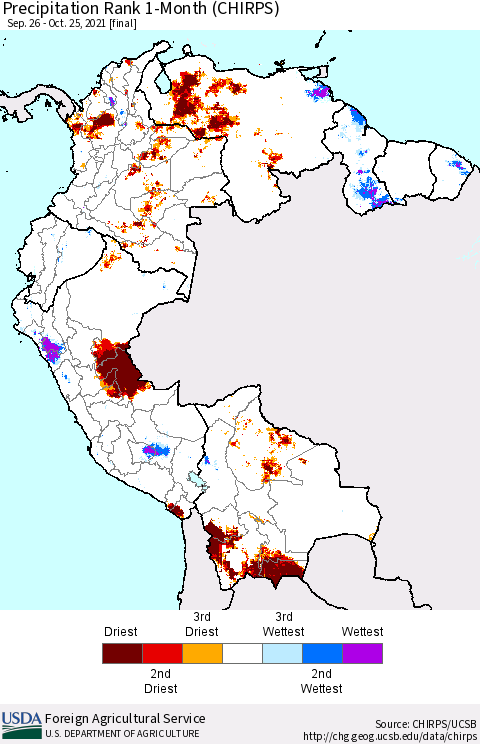 Northern South America Precipitation Rank 1-Month (CHIRPS) Thematic Map For 9/26/2021 - 10/25/2021