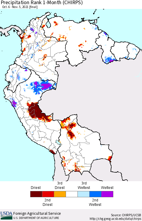 Northern South America Precipitation Rank 1-Month (CHIRPS) Thematic Map For 10/6/2021 - 11/5/2021