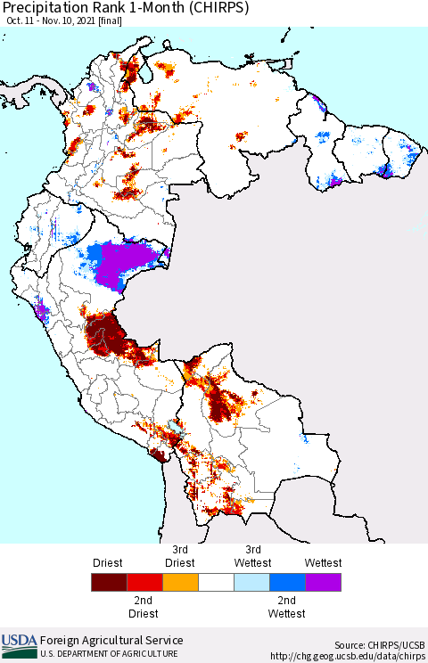 Northern South America Precipitation Rank since 1981, 1-Month (CHIRPS) Thematic Map For 10/11/2021 - 11/10/2021