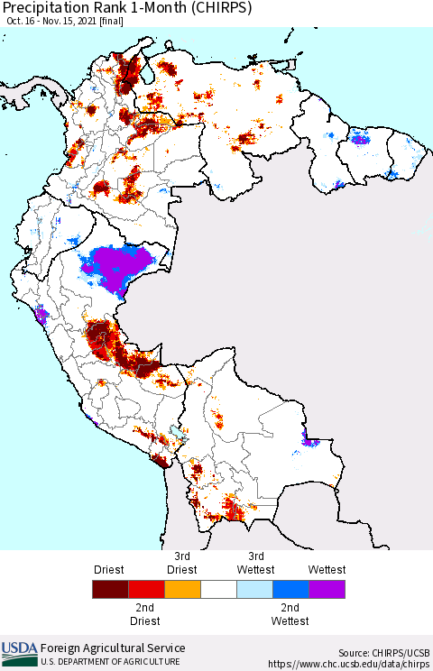 Northern South America Precipitation Rank 1-Month (CHIRPS) Thematic Map For 10/16/2021 - 11/15/2021