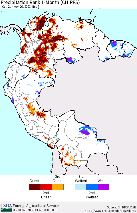 Northern South America Precipitation Rank since 1981, 1-Month (CHIRPS) Thematic Map For 10/21/2021 - 11/20/2021