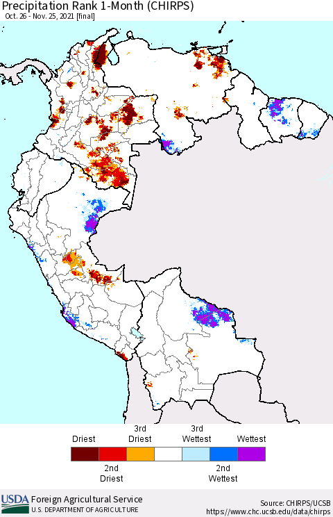 Northern South America Precipitation Rank 1-Month (CHIRPS) Thematic Map For 10/26/2021 - 11/25/2021