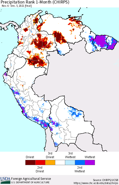 Northern South America Precipitation Rank 1-Month (CHIRPS) Thematic Map For 11/6/2021 - 12/5/2021