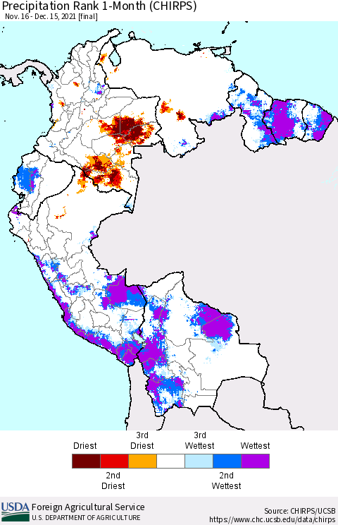 Northern South America Precipitation Rank 1-Month (CHIRPS) Thematic Map For 11/16/2021 - 12/15/2021